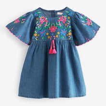 Load image into Gallery viewer, Blue Denim Embroidered 100% Cotton Kaftan Dress (3mths-5-6yrs)
