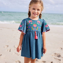 Load image into Gallery viewer, Blue Denim Embroidered 100% Cotton Kaftan Dress (3mths-5-6yrs)
