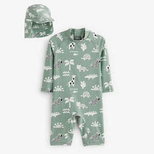 Sage Green Sunsafe Swimsuit & Hat 2 Piece Set