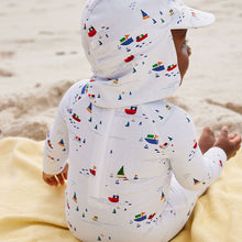 Load image into Gallery viewer, Pale Blue Boats Sunsafe Swimsuit &amp; Hat 2 Piece Set (3mths-5yrs)
