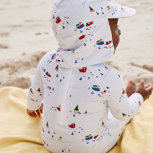 Pale Blue Boats Sunsafe Swimsuit & Hat 2 Piece Set (3mths-5yrs)