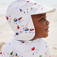 Load image into Gallery viewer, Pale Blue Boats Sunsafe Swimsuit &amp; Hat 2 Piece Set (3mths-5yrs)
