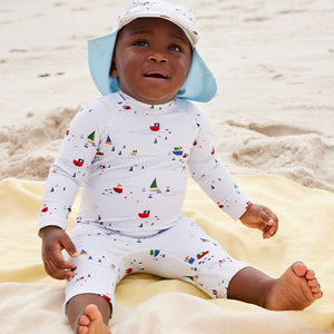 Pale Blue Boats Sunsafe Swimsuit & Hat 2 Piece Set (3mths-5yrs)