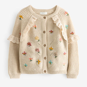 Ecru Cream Marl Broderie Frill Cardigan (3mths-4-5yrs)