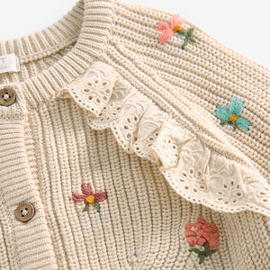 Ecru Cream Marl Broderie Frill Cardigan (3mths-4-5yrs)