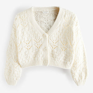 Ecru Cream Crochet V-Neck Cardigan (3-11yrs)