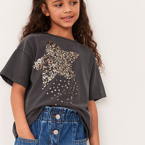 Charcoal Grey Sequin Star T-Shirt (3-12yrs)