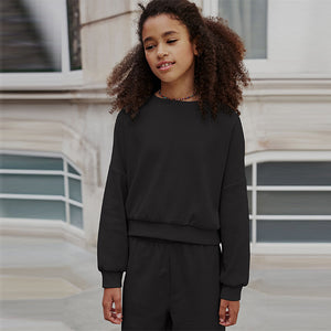 Black Rib Cuffed Top & Wide Leg Joggers Set (3-12yrs)