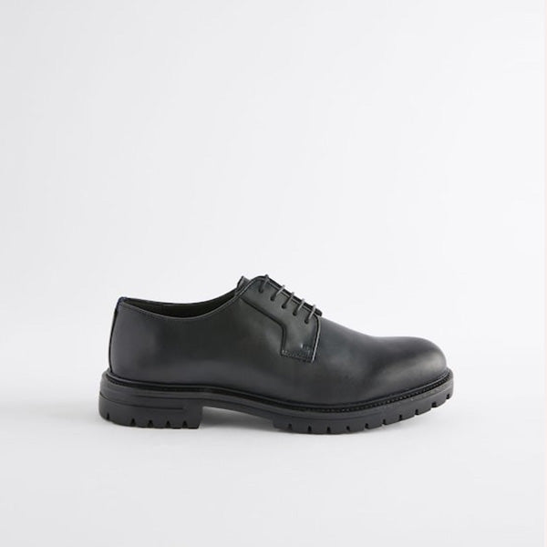 Black Leather Cleated Sole Derby Shoes