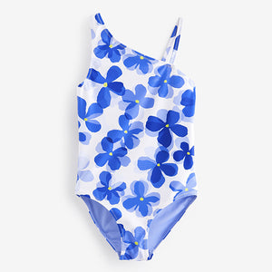 Blue Flower One Shoulder Swimsuit