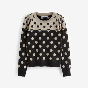 Black and Neutral Spot Crew Neck Long Sleeve Pattern Knitted Jumper