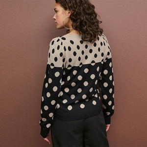 Black and Neutral Spot Crew Neck Long Sleeve Pattern Knitted Jumper