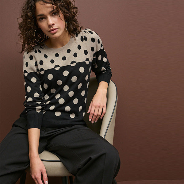 Black and Neutral Spot Crew Neck Long Sleeve Pattern Knitted Jumper