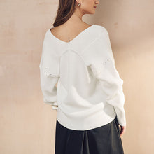 Load image into Gallery viewer, Ecru Relaxed Fit Ribbed V-Neck Knitted Jumper
