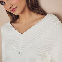 Load image into Gallery viewer, Ecru Relaxed Fit Ribbed V-Neck Knitted Jumper

