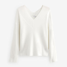 Load image into Gallery viewer, Ecru Relaxed Fit Ribbed V-Neck Knitted Jumper
