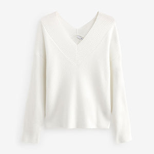 Ecru Relaxed Fit Ribbed V-Neck Knitted Jumper