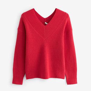 Red V-Neck Knit Jumper