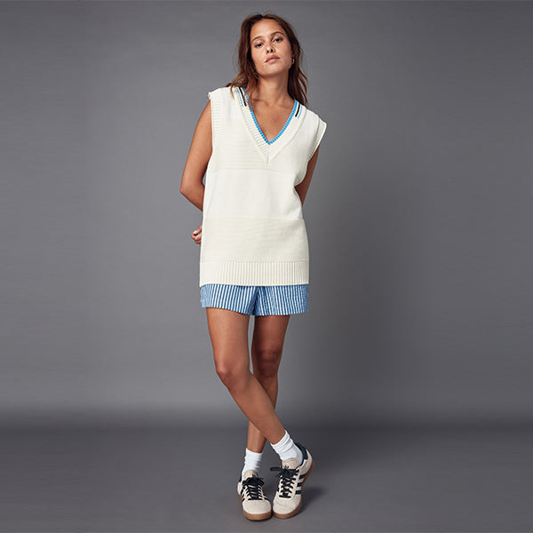 Ecru Cream Stitch Detail Knitted V-Neck Tank Vest