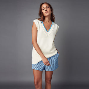 Ecru Cream Stitch Detail Knitted V-Neck Tank Vest