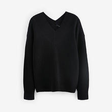 Load image into Gallery viewer, Black Relaxed Fit Ribbed V-Neck Knitted Jumper
