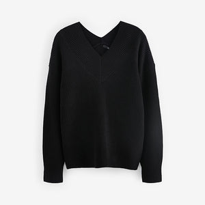 Black Relaxed Fit Ribbed V-Neck Knitted Jumper
