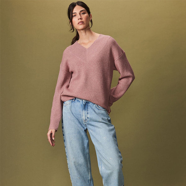 Blush Pink Relaxed Fit Ribbed V-Neck Knitted Jumper