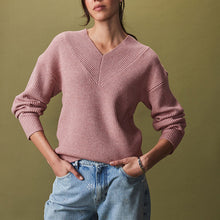 Load image into Gallery viewer, Blush Pink Relaxed Fit Ribbed V-Neck Knitted Jumper
