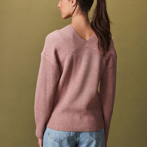 Blush Pink Relaxed Fit Ribbed V-Neck Knitted Jumper