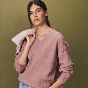 Blush Pink Relaxed Fit Ribbed V-Neck Knitted Jumper