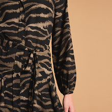 Load image into Gallery viewer, Black/Brown Zebra Print Mini Belted Shirt Dress
