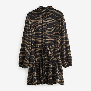 Black/Brown Zebra Print Mini Belted Shirt Dress