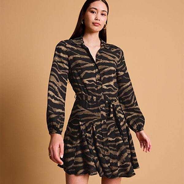 Black/Brown Zebra Print Mini Belted Shirt Dress