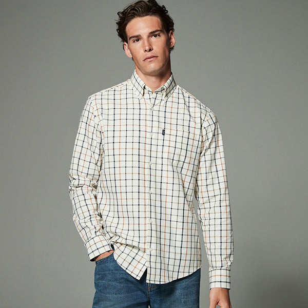 Ecru Cream Tattersall Check Regular Fit Easy Iron Button Down Oxford Shirt