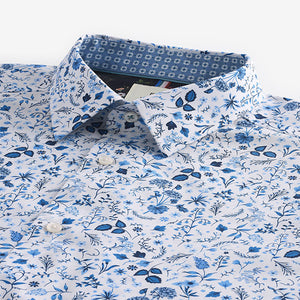 White/Blue Floral Print Regular Fit 100% Cotton Single Cuff Formal Shirt