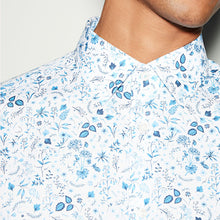 Load image into Gallery viewer, White/Blue Floral Print Regular Fit 100% Cotton Single Cuff Formal Shirt
