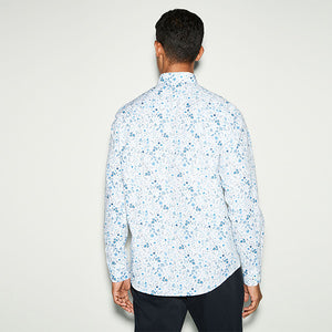 White/Blue Floral Print Regular Fit 100% Cotton Single Cuff Formal Shirt
