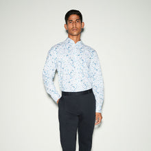 Load image into Gallery viewer, White/Blue Floral Print Regular Fit 100% Cotton Single Cuff Formal Shirt
