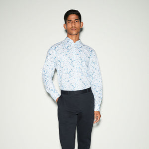 White/Blue Floral Print Regular Fit 100% Cotton Single Cuff Formal Shirt