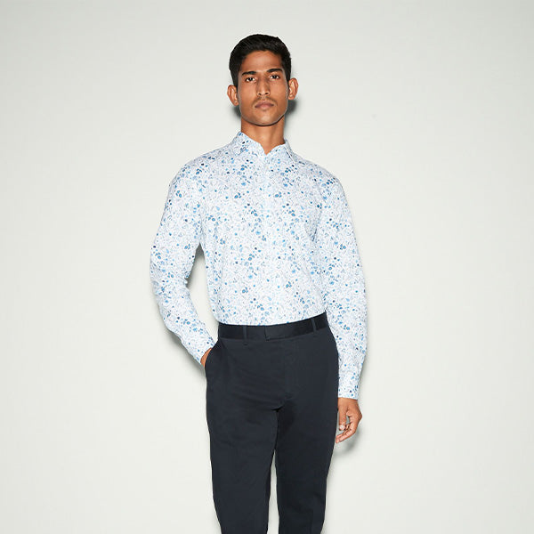 White/Blue Floral Print Regular Fit 100% Cotton Single Cuff Formal Shirt