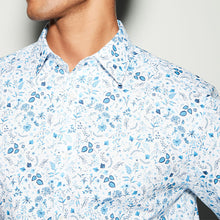 Load image into Gallery viewer, White/Blue Floral Print Regular Fit 100% Cotton Single Cuff Formal Shirt
