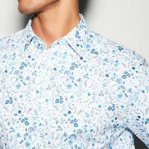 White/Blue Floral Print Regular Fit 100% Cotton Single Cuff Formal Shirt