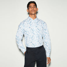 Load image into Gallery viewer, White/Blue Floral Print Regular Fit 100% Cotton Single Cuff Formal Shirt
