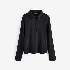 Black Long Sleeve Collared Zip Top