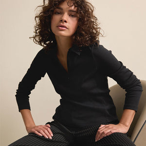 Black Long Sleeve Collared Zip Top