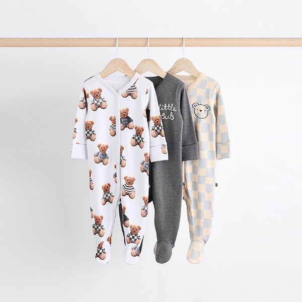 Bear Checkerboard Baby Sleepsuits 3 Pack