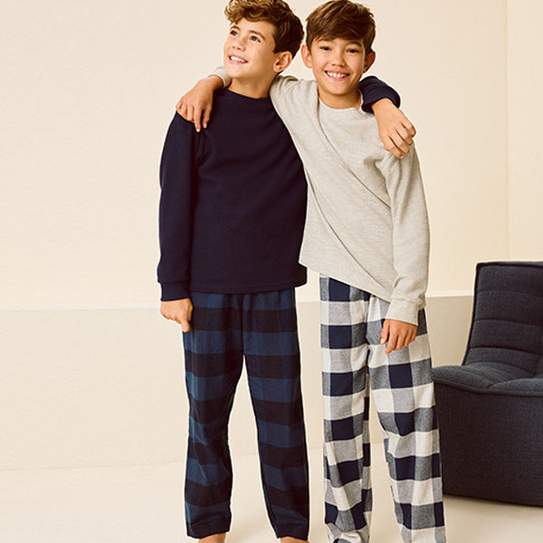 Navy/Grey Textured Top 2 Pack Long Sleeve Woven Check Pyjamas (6-12yrs)