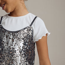 Load image into Gallery viewer, Silver Sequin Slip Dress and T-Shirt Set (3-12yrs)
