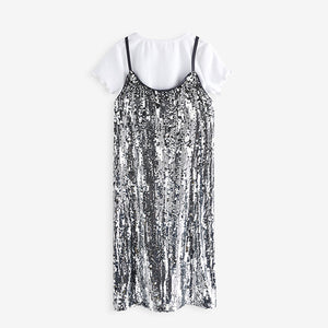 Silver Sequin Slip Dress and T-Shirt Set (3-12yrs)