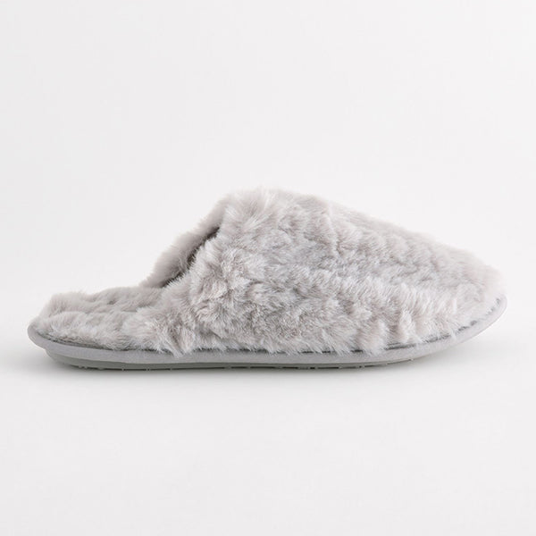 Grey Faux Fur Mule Slippers